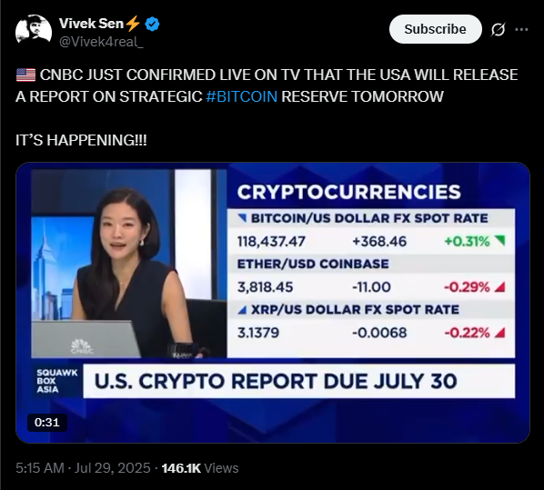 A crypto policy report is expected soon | Source: X