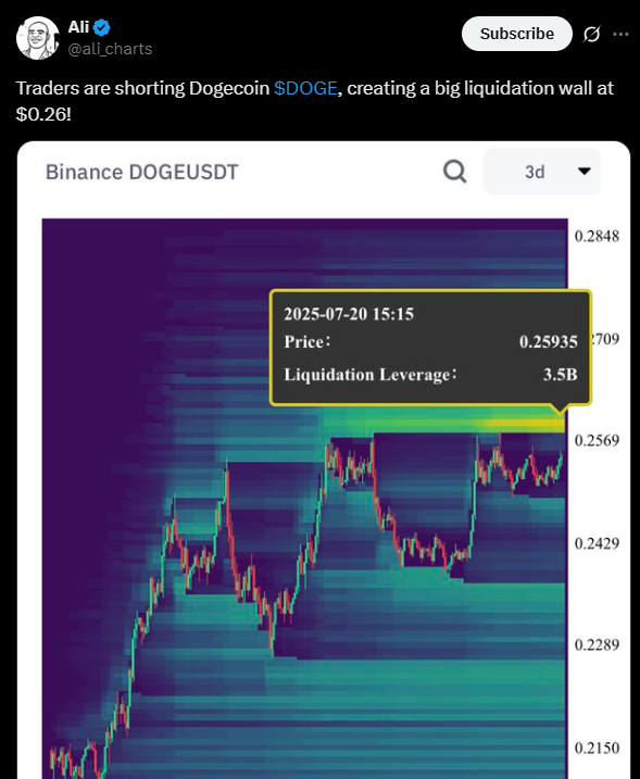 Dogecoin support at $0.26 | Source: X