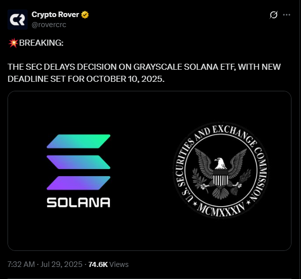 The SEC delays yet another Solana ETF | Source: X
