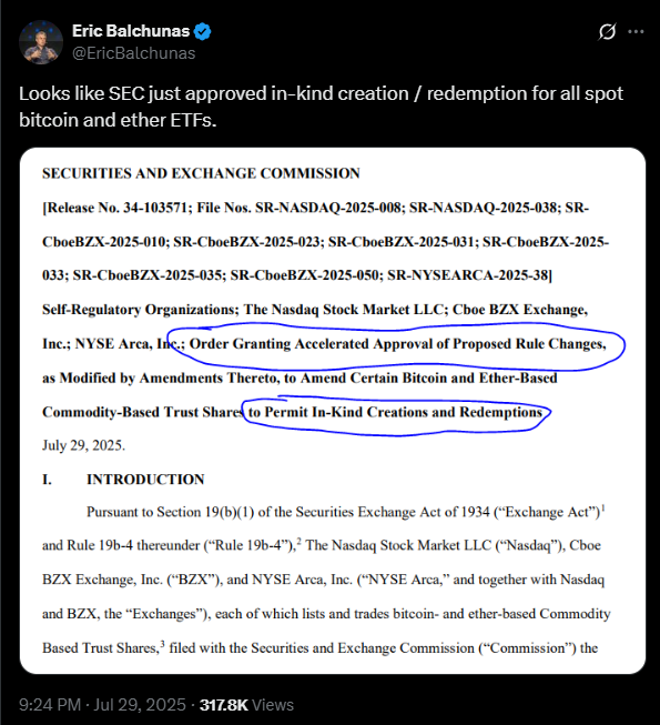 SEC approves In-Kind redemptions | Source: X
