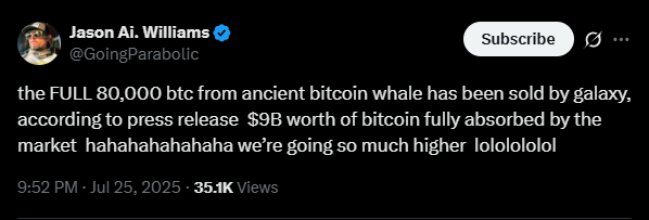 The full 80,000 BTC has been sold | Source: X