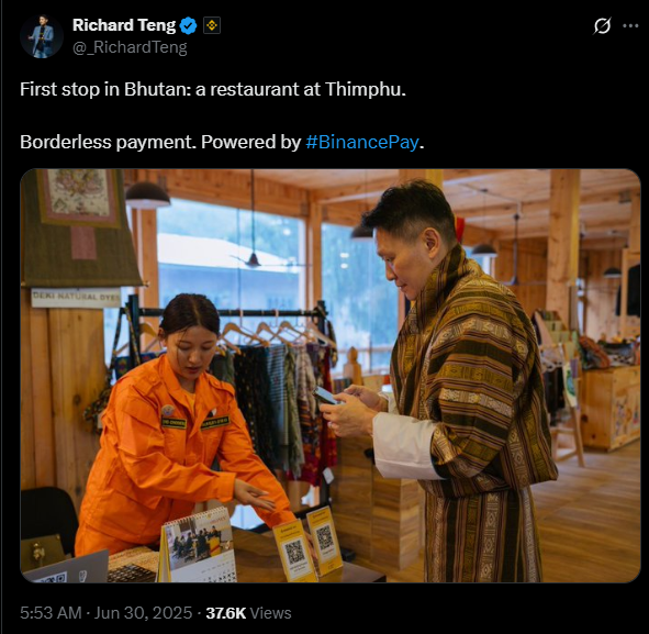 Butão faz parceria com a Binance Pay para pagamentos de turistas | Source: X