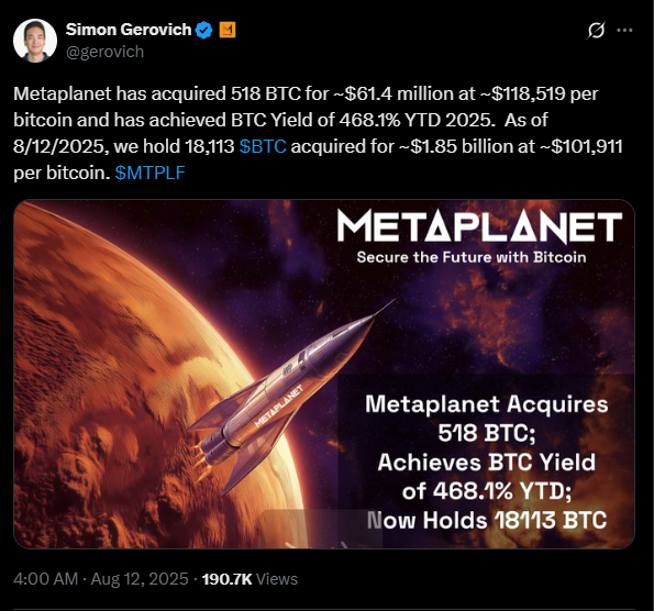 MetaPlanet придбала додаткові 518 мільярдів у BTC | Джерело: X