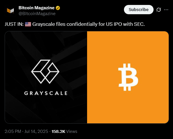 Grayscale hat kürzlich einen Börsengang in den USA beantragt | Quelle: X