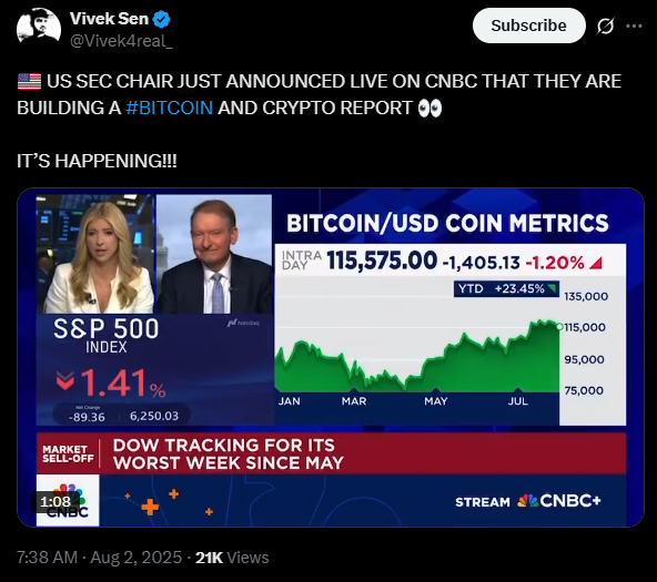 The SEC and CNBC are partnering to release a crypto report | Source: X
