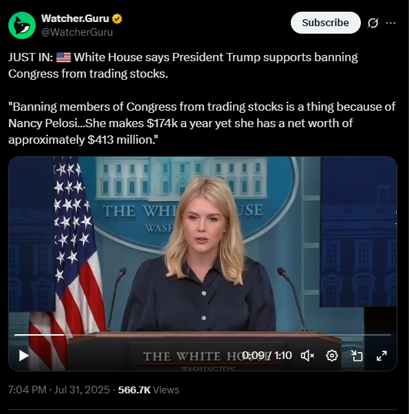 Trump supports banning stock trading in congress | Source: X