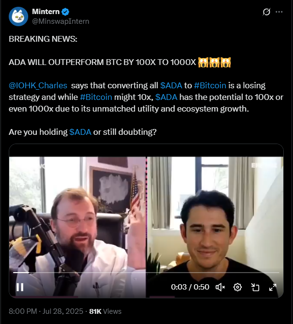 “Bitcoin might 10x, but ADA can go 100x or even 1,000x.” Hoskinson says | Source: X