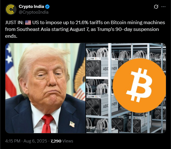Tarifas de Trump atingem duramente mineradores de Bitcoin sediados nos EUA | Fonte: X