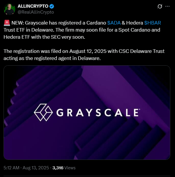 GrayScale files for a new Cardano ETF | Source: X