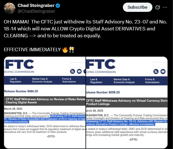 The CFTC is actively repealing its outdated laws | Source: X