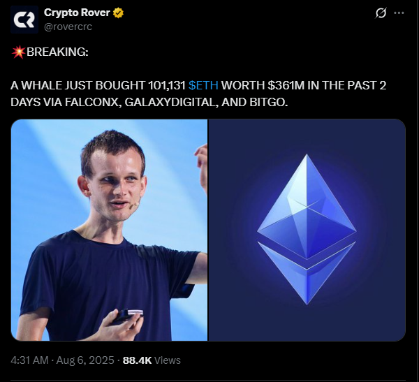 Кит Ethereum витрачає 361 мільйон доларів на 101 131 $ETH | Джерело: X