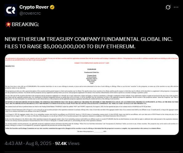 Une autre entreprise s'intéresse à l'Ethereum en tant qu'actif de trésorerie | X