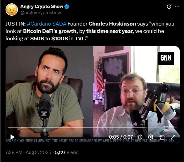 Hoskinson says Cardano could act as a yield engine in Bitcoin’s DeFi | Source: X