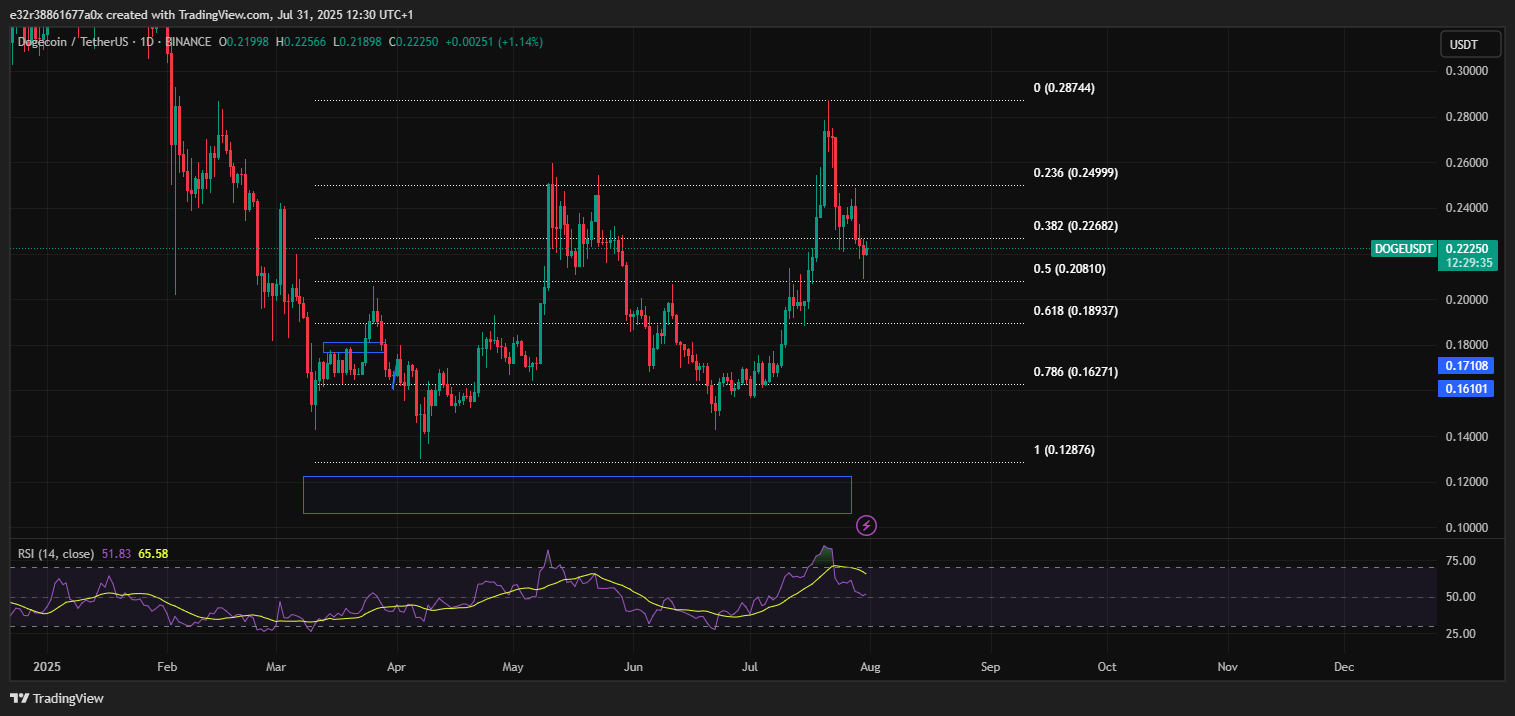 Dogecoin is testing major Fibonacci retracement levels | Source: TradingView