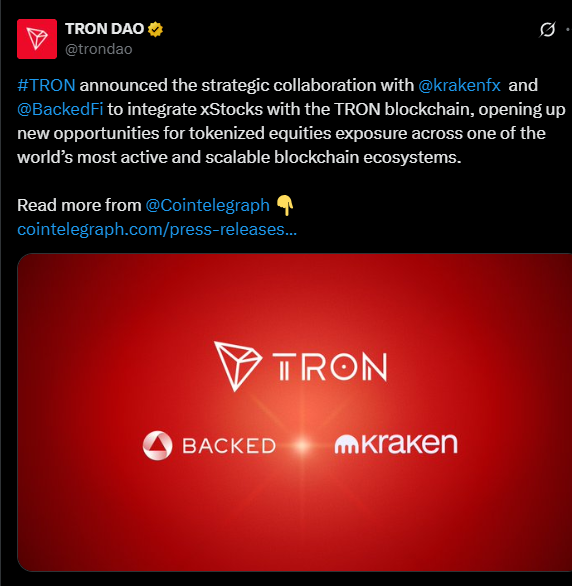 The Tron DAO just announced its integration of xStocks with the TRON blockchain | Source: X