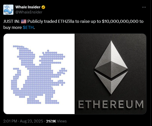 EthZilla is planning to raise $10,000,000 to buy ETH | Source: X