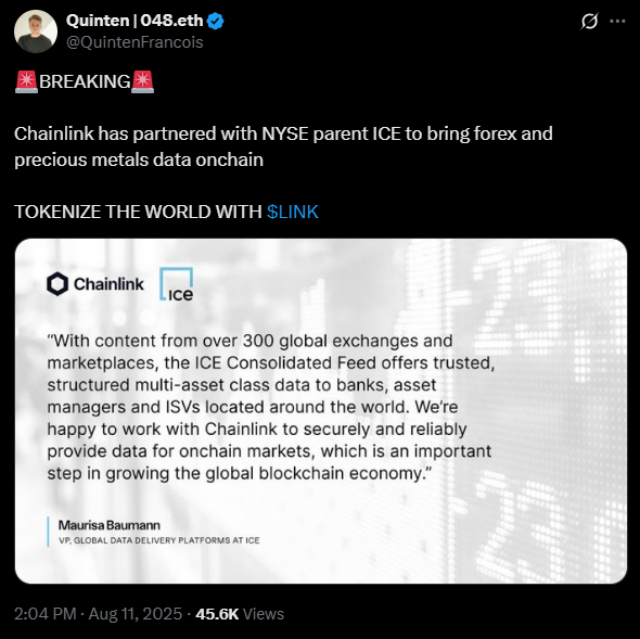 Chainlink partners up with ICE | Source: X