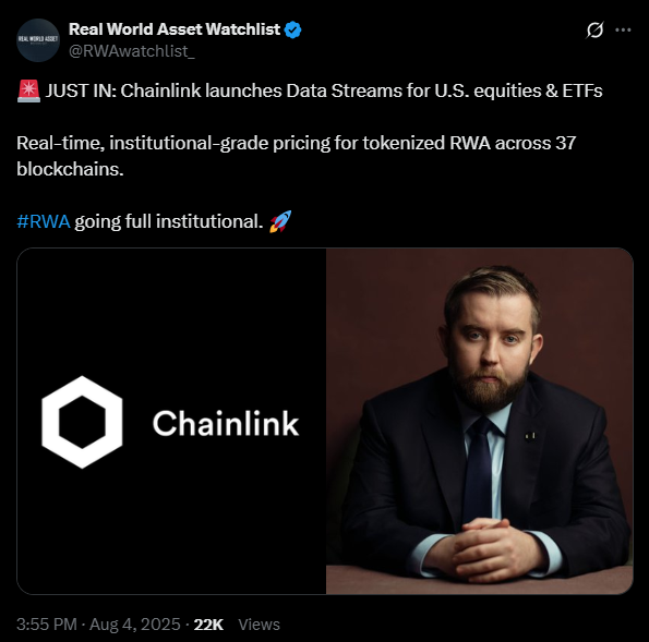 Chainlink lance Data Streams pour les actions et ETF américains | Source : X