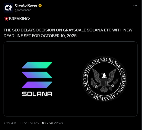Die SEC hat derzeit eine Pause für Solana ETFs eingelegt | Quelle: X