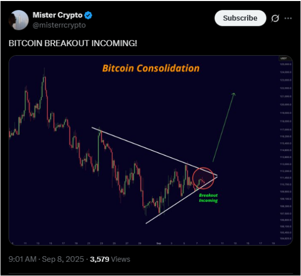 Mister Crypto says that Bitcoin could recover after a small pullback | Source: X