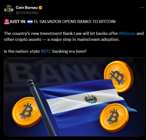 El Salvador recently passed its investment banking law | Source: X