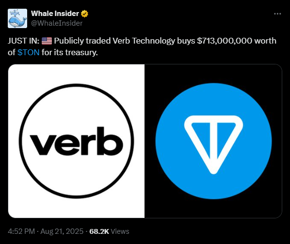 Verb Technology recently added Toncoin to its treasury | Source: X