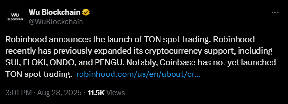 Robinhood lists Toncoin ahead of Coinbase | Source: X