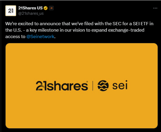 21 Shares deposita un nuovo ETF Sei | Fonte: X