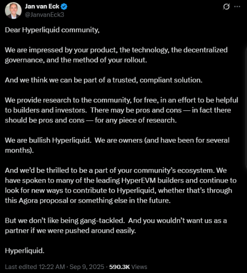 Jan van Eck praises HYPE | Source: X
